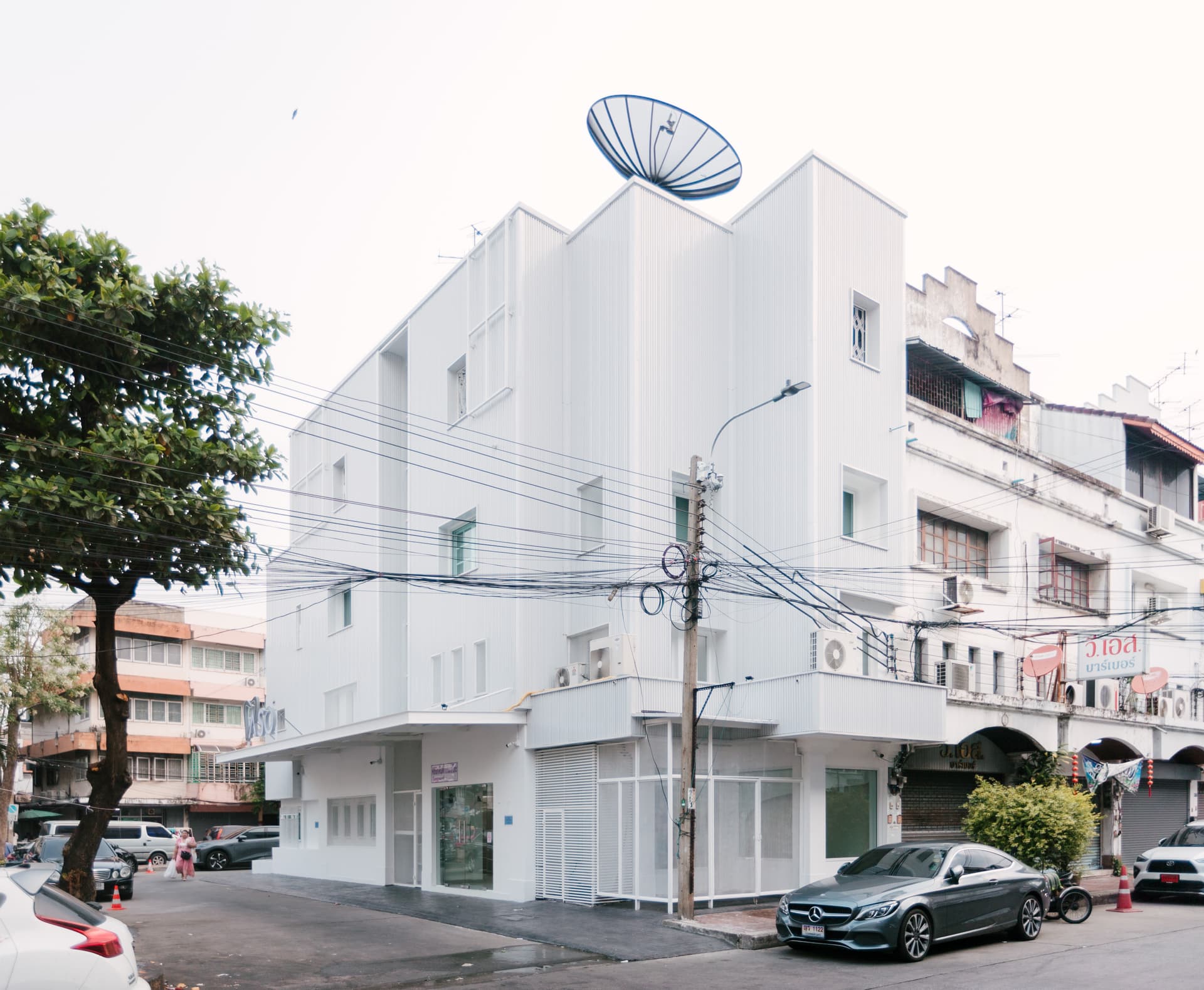 Clinic hallway with restroom doors